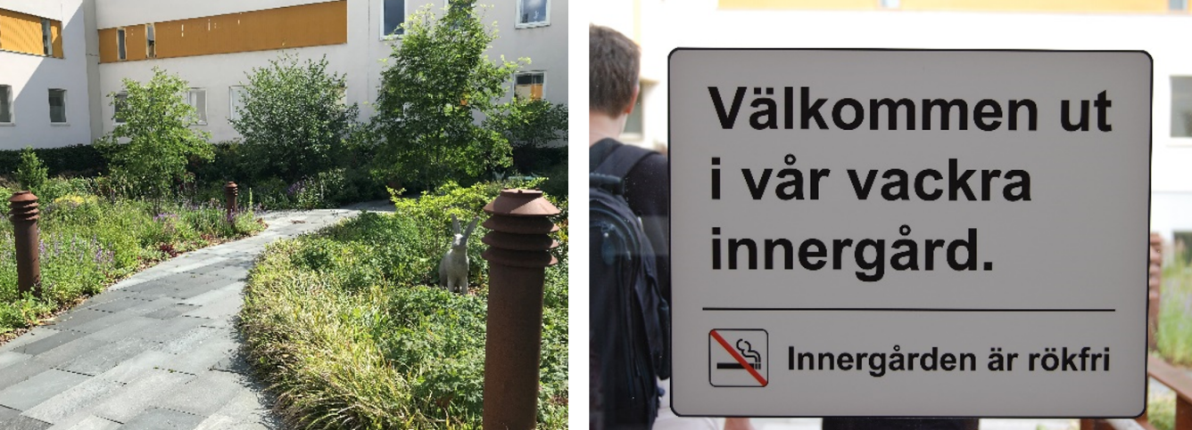 Foto på en stenlagd gång som går till en byggnad och en välkomstskylt till en innegård. Innergården är rökfri.