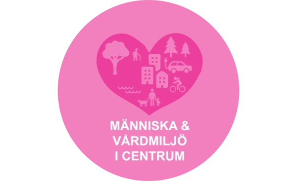 Illustration för området Människa och vårdmiljö i centrum. Hjärta som rymmer träd, hus, bil, cykel, människor.