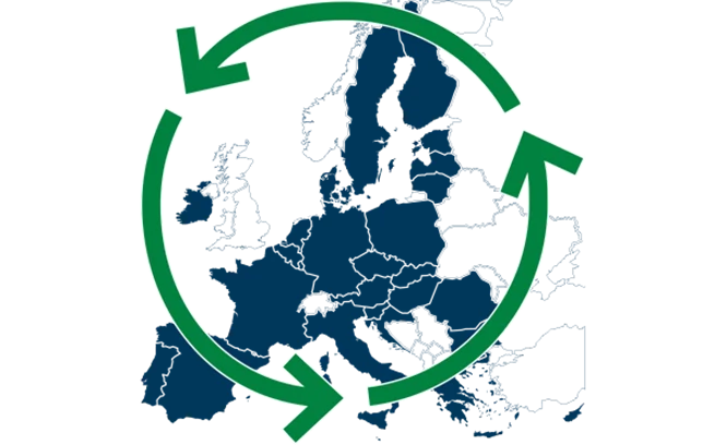 Illustration europakarta med en grön cirkel med pilar runtom.