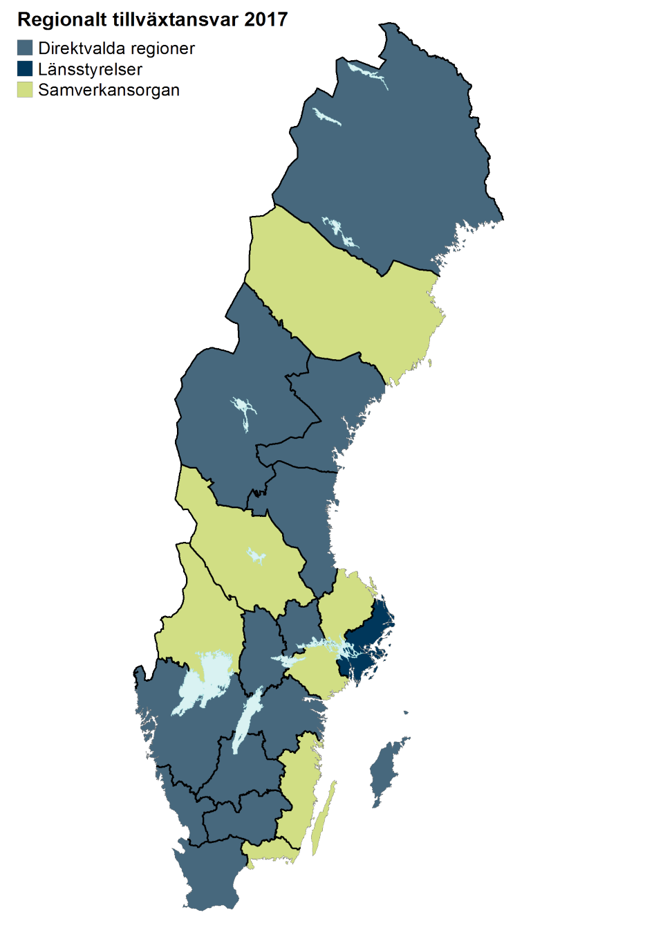Karta: Tillväxtansvariga regionala organ med ansvar för transportinfrastrukturplaneringen från och med 2017