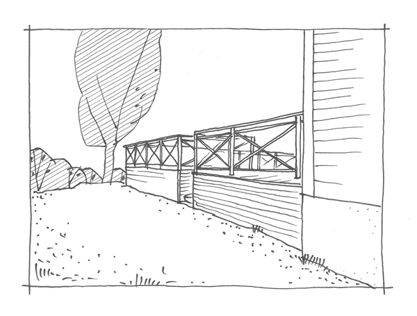 Illustration på en altan i anslutning till en byggnad