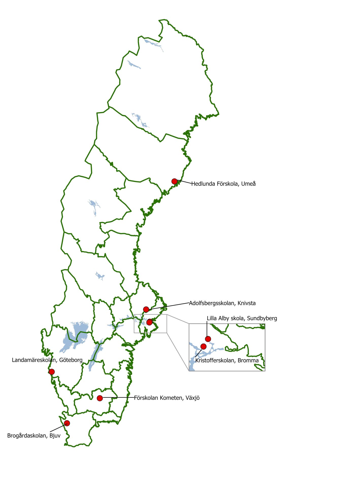Karta som visar de olika exempelskolornas plats i Sverige.