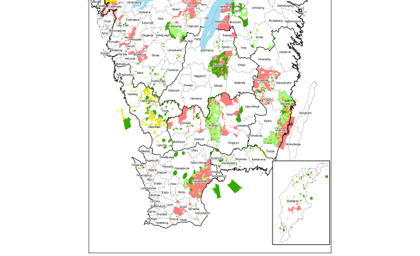  Lämpliga områden för vindkraft i södra Sverige. Illustration: Boverket