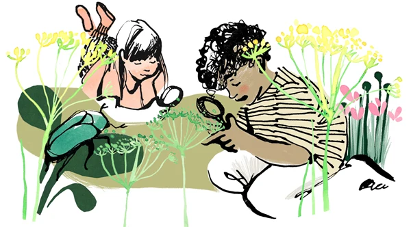 Illustration av barn i gräset som tittar på naturen genom förstoringsglas.