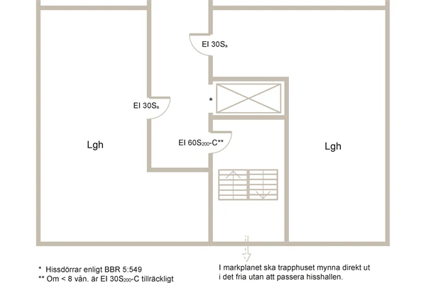 Planritning som visar exempel på utformning av trapphus Tr2.