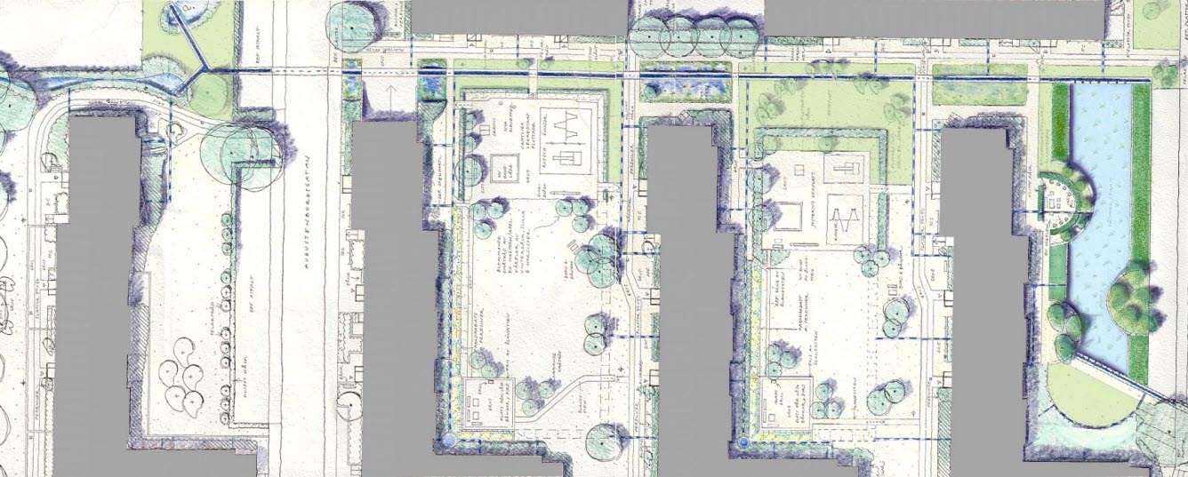 Illustrationsplan över fyra hus och hur dagvattensystemet är planerat.