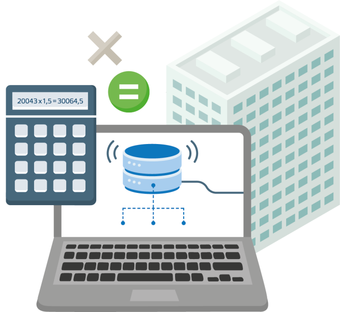Dator med databas, en kalkylator och ett flerbostadshus