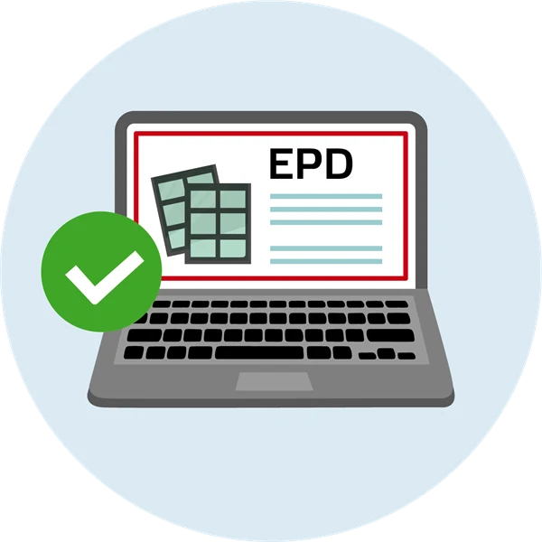Dator med information om EPD på skärmen. Grön bock.
