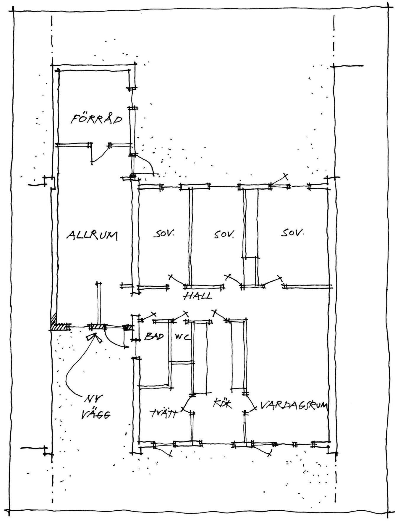 Illustration av en planritning av en villa där garage är ersatt med allrum.