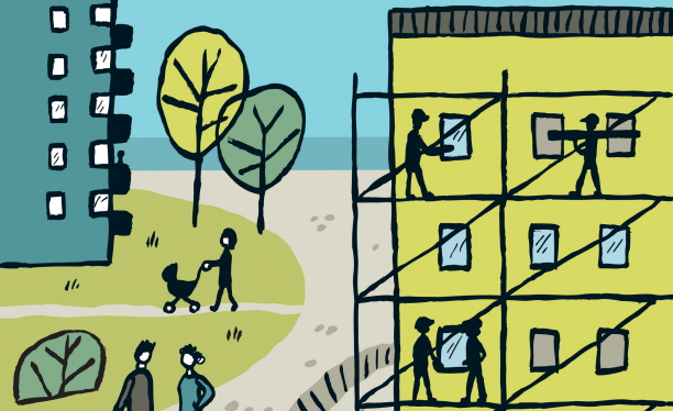 Illustration på ett flerbostadshus och människor.