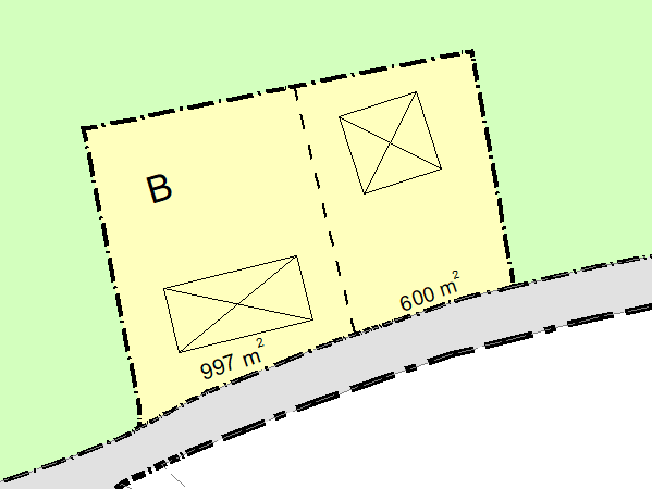 Illustration av plankarta som visar två bebyggda bostadsfastigheter som är 997 m2 samt 600 m2.