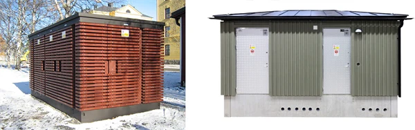 Två foton den ena med platt tak, rundade knutar, den andra i mer klassisk stil med lutande valsat plåttak.