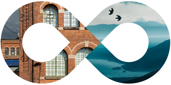 Evighetssymbol med ett hus och ett öppet landskap i.