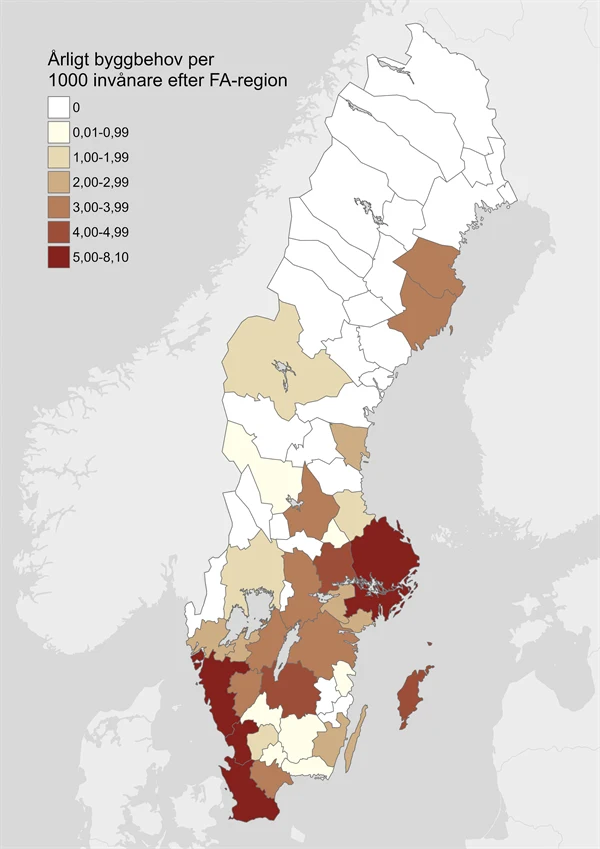 Sverigekarta med beräknat årligt byggbehov i FA-regioner.