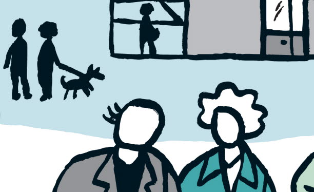 Illustration of two persons in the front and more people in the background