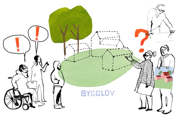 Illustration som visar tre ungdomar varav en i rullstol som diskuterar ett planerat bygglov tillsammans med tjänstepersoner.