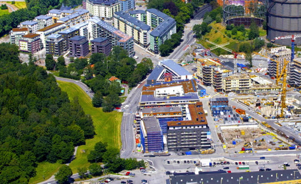 Översiktsbild över stad med hus och gator