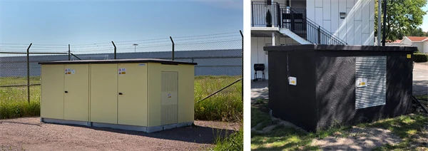 Två foton av nätstationer, den vänstra intill åkermark och den högra i tätortsmiljö.