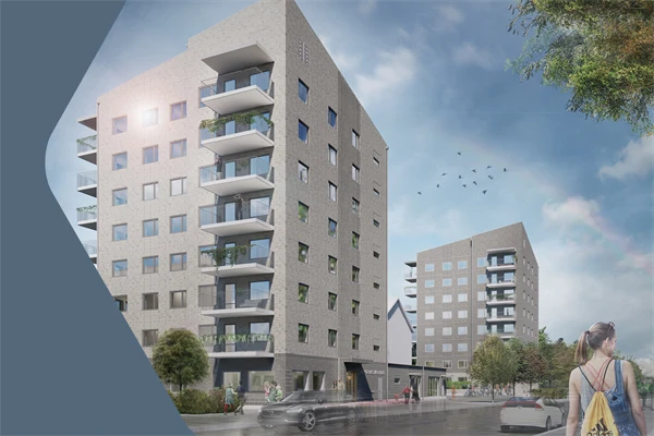 Två hus med flera våningar. Balkonger på fasaden. Personer promenerar i förgrunden.