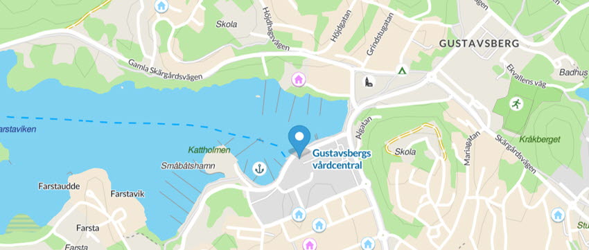 Kartbild över Gustavsbergs två centrum.