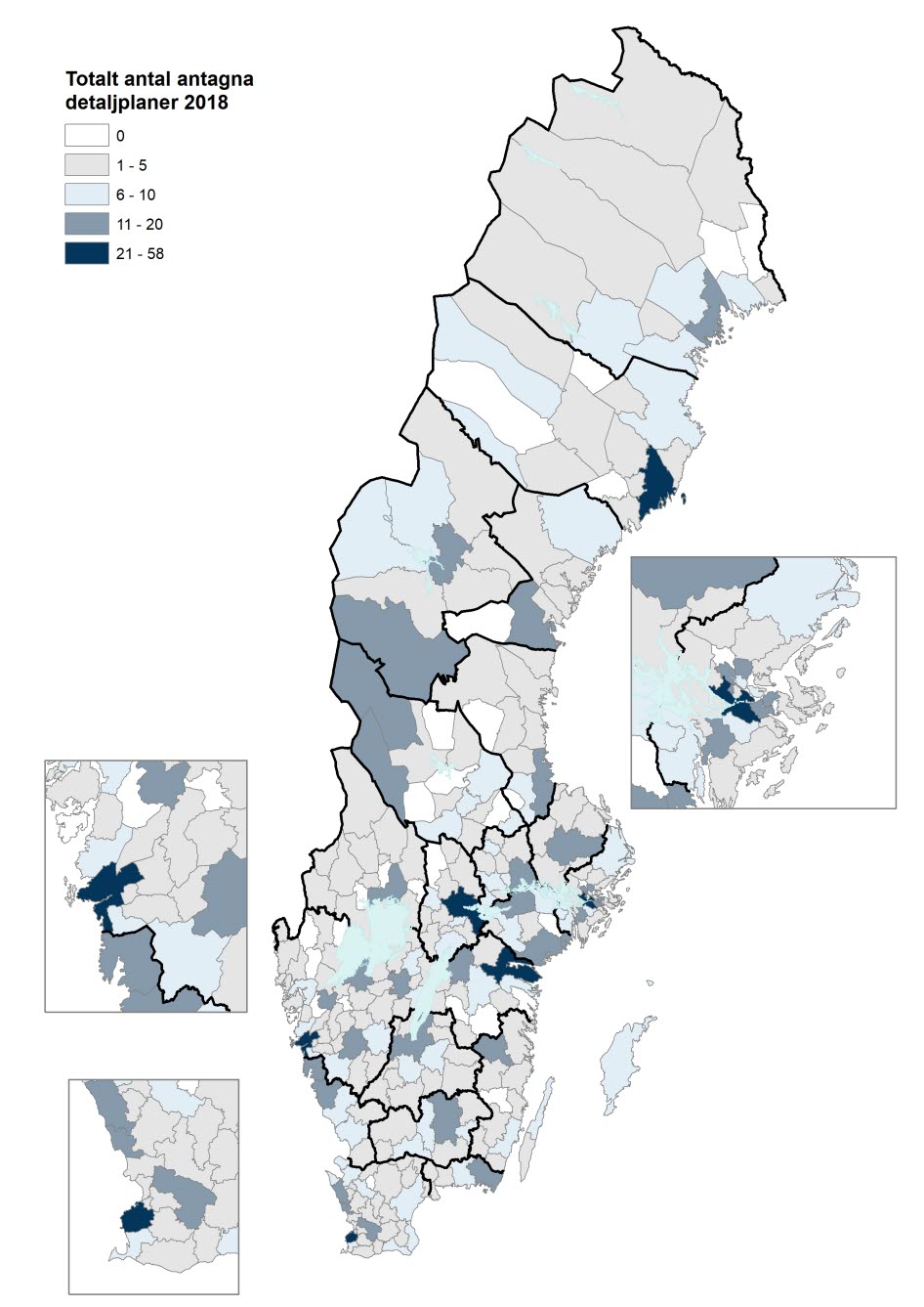 Sverigekarta över totalt antal antagna detaljplaner på kommunnivå år 2018. Vanligast är att mellan 1 och 5 detaljplaner är antagna. Antal planer / Antal kommuner. 0 detaljplaner, 29. 1 - 5 detaljplaner, 165. 6 - 10 detaljplaner, 58. 11 - 20 detaljplaner, 32. 21 - 58 detaljplaner, 6.