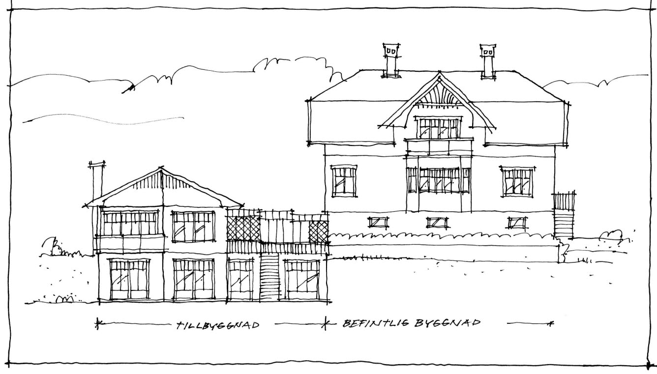Illustration på en större villa med en mindre byggnad vid sidan omsidan