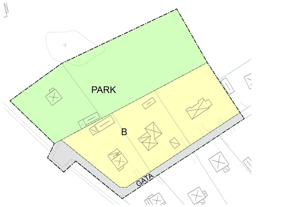 Illustration som visar en fastighet som ligger helt på allmän plats, park, och därför inte är någon tomt enligt PBL.