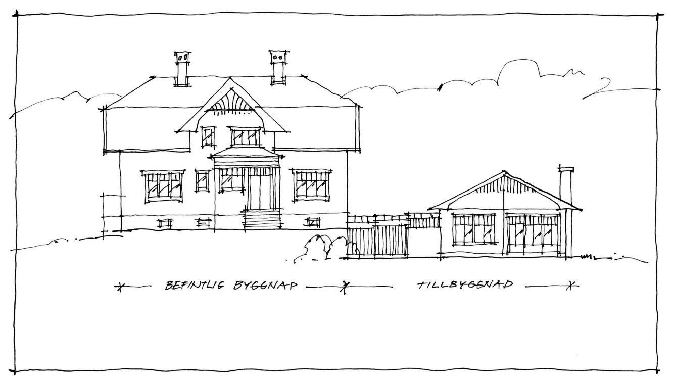 Illustration på en större villa med en mindre byggnad vid sidan om