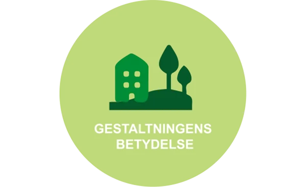 Illustration för området Gestaltningens betydelse, med hus och träd över texten.