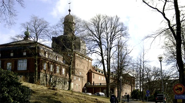 En byggnaden med kraftigt synligt murverk.