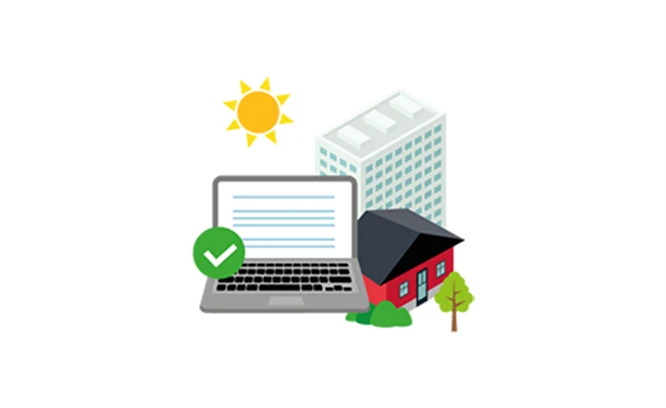 Ett kollage med ett stort flerbostadshus, en liten röd villa och en laptop med grön bock som visar godkänd.