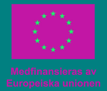 EU-flaggan blå med ring av gula stjärnor. Text Medfinansieras av Europeiska Unionen