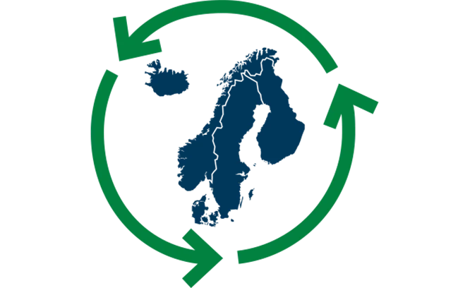 Illustration av en kartbild av Norden med en grön cirkel av pilar.