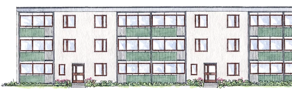 Illustration på vitt hus med gröna balkonger, lamellhus i tre våningar.