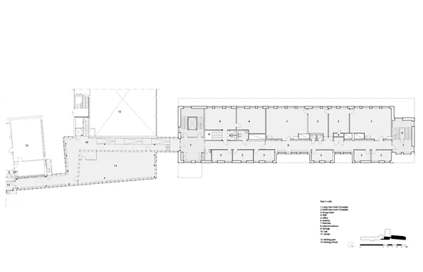 Arkitektritning över en del av skolan.