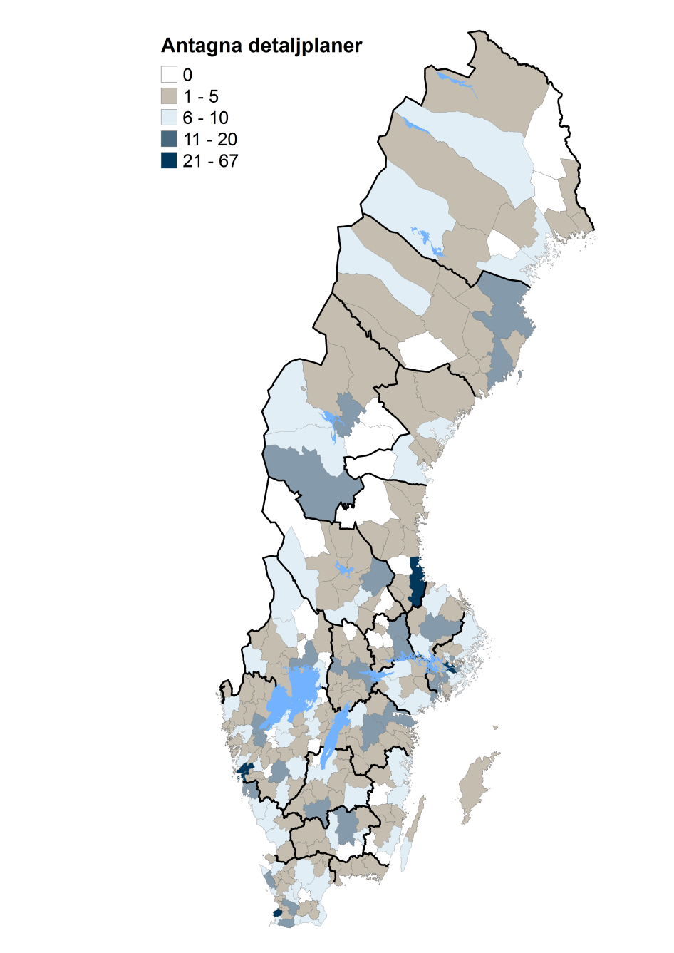 Karta, antal antagna detaljplaner på kommunnivå 2017.