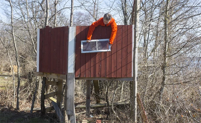Ett barn i orange jacka som håller upp ett fönster på en trädkoja.