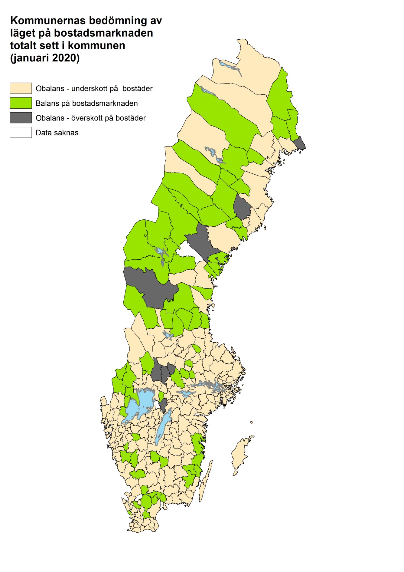 Karta över Sverige som visar kommuners bedömning av bostadsmarknadsläget som helhet i januari 2020. Kartan visar en viss geografisk spridning av kommuner som anger balans, underskott och överskott på bostäder.
