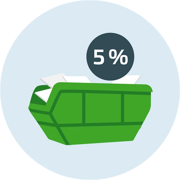 Grön container med gipsskivor i. 5% i cirkel ovanför.