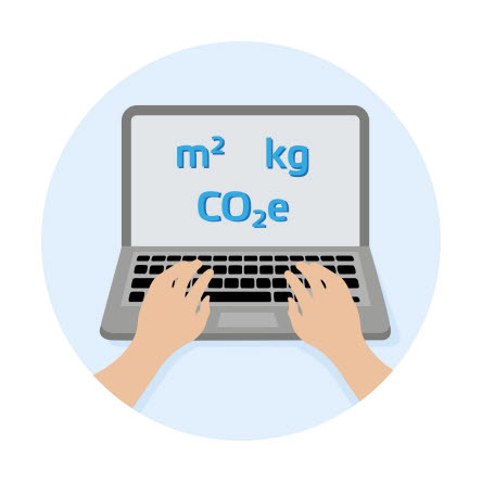 Illustration med dator med texten m2, kg och CO2e i skärmen.