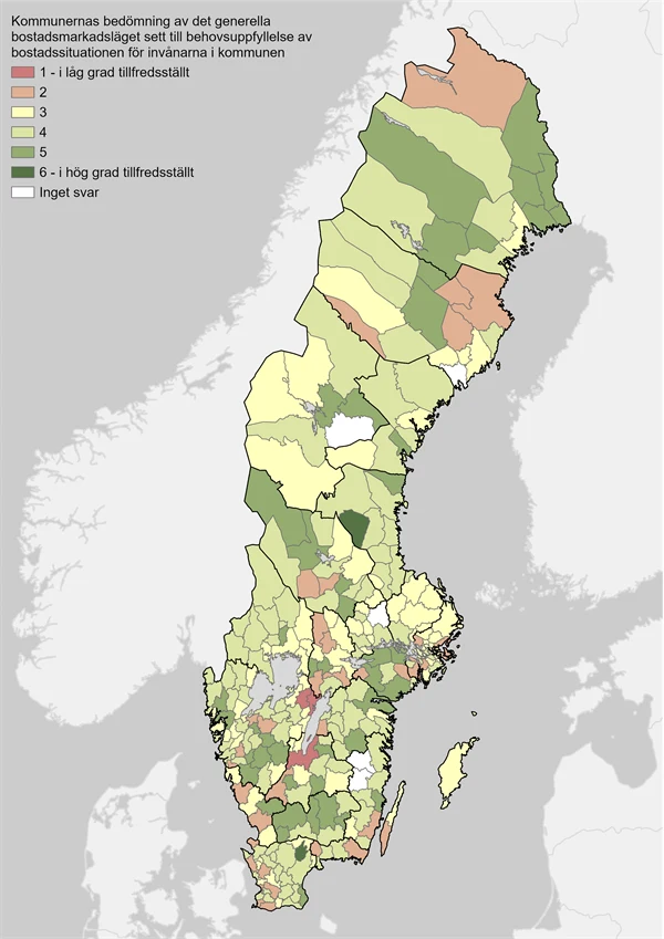 Sverigekarta som visar kommunernas bedömning av tillfredsställelsen av behov på kommunens bostadsmarknad.