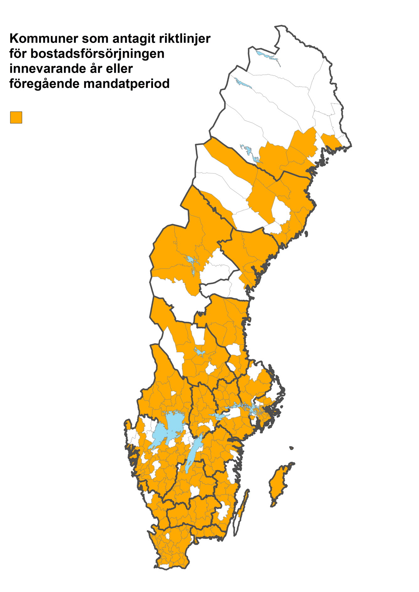 Karta över Sveriges kommuner som antagit riktlinjer för bostadsförsörjning.
