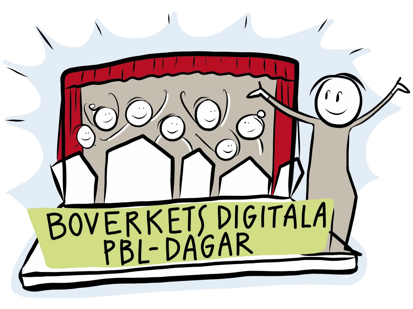 Illustration av männsikor som hurrar i en dator med Boverkets logga. Texten Boverkets digitala PBL-dagar.
