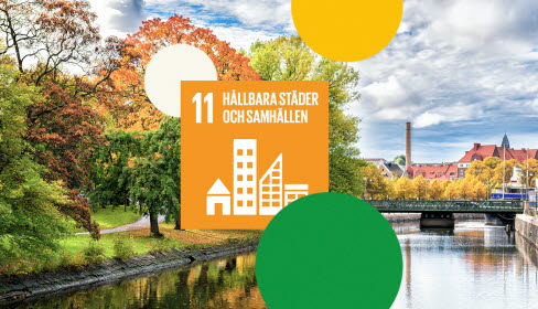 Skog vid vattendrag med samhälle i bakgrunden. Illustration med texten "11 Hållbara städer och samhällen". Foto: Istock.com.