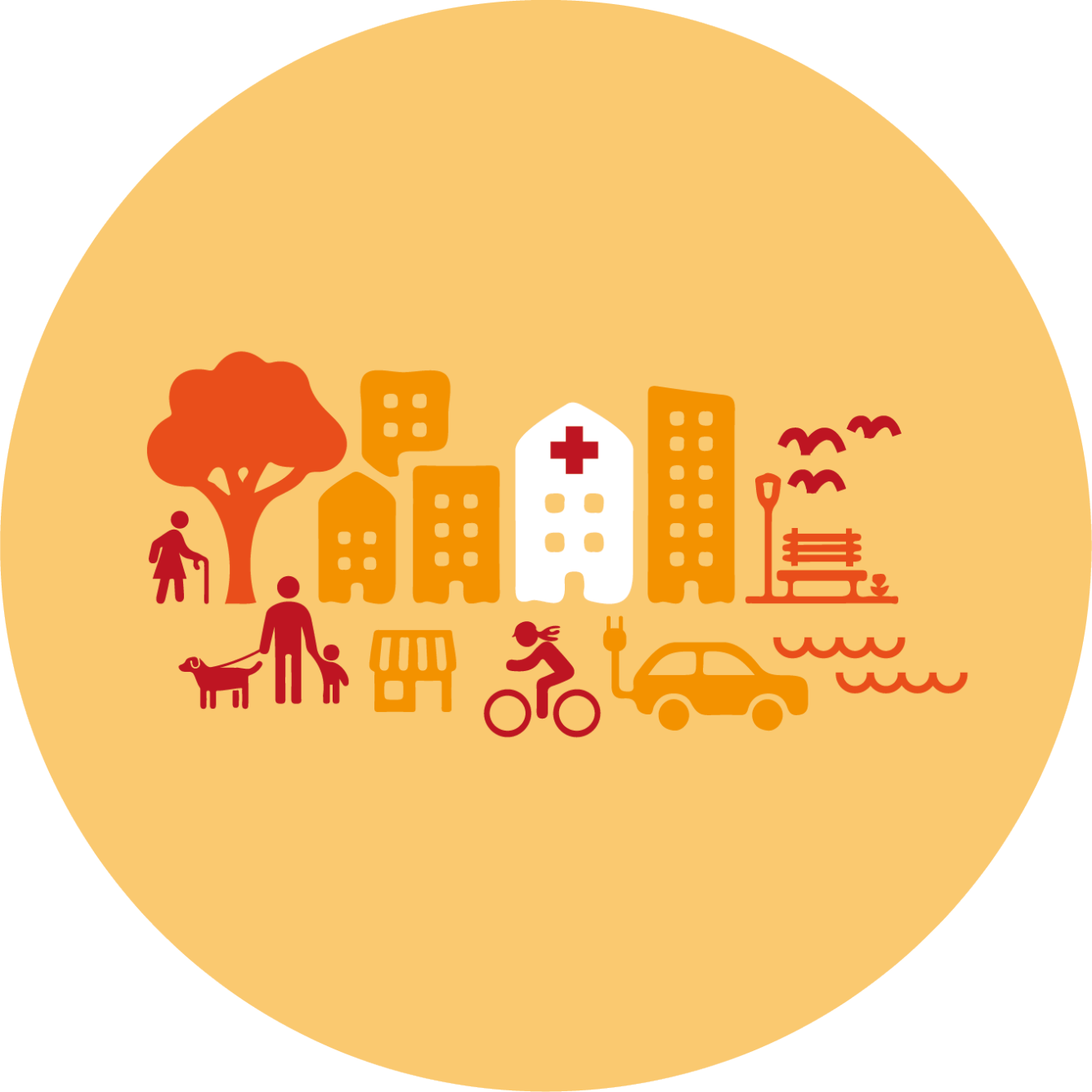 Illustration över träd, hus, cykel, bil och gående samt vatten, i centrum en sjukhusbyggnad med rött kors.