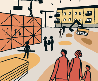 Illustration över bygge i bostadsområde. Illustration: Jan Olsson