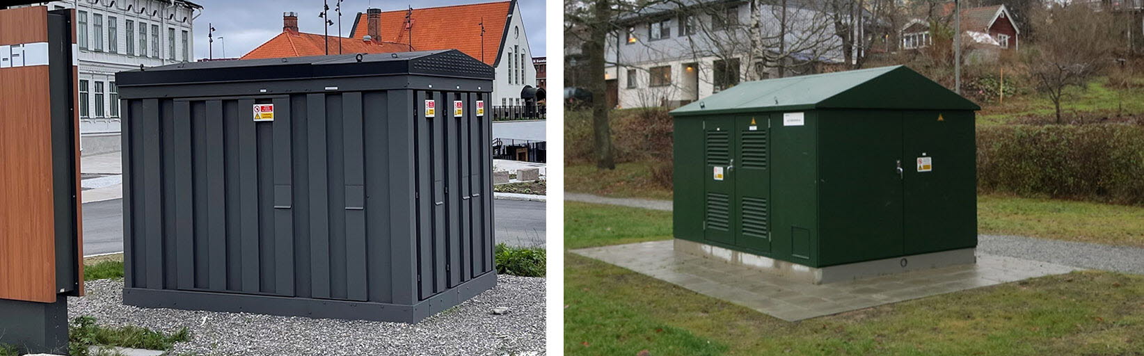 Två foton av olika nätstatinsmodeller. En med mörkt gråblå färg i stadsmiljö, och en som är mörkt grönfärgad på gräsmatta.
