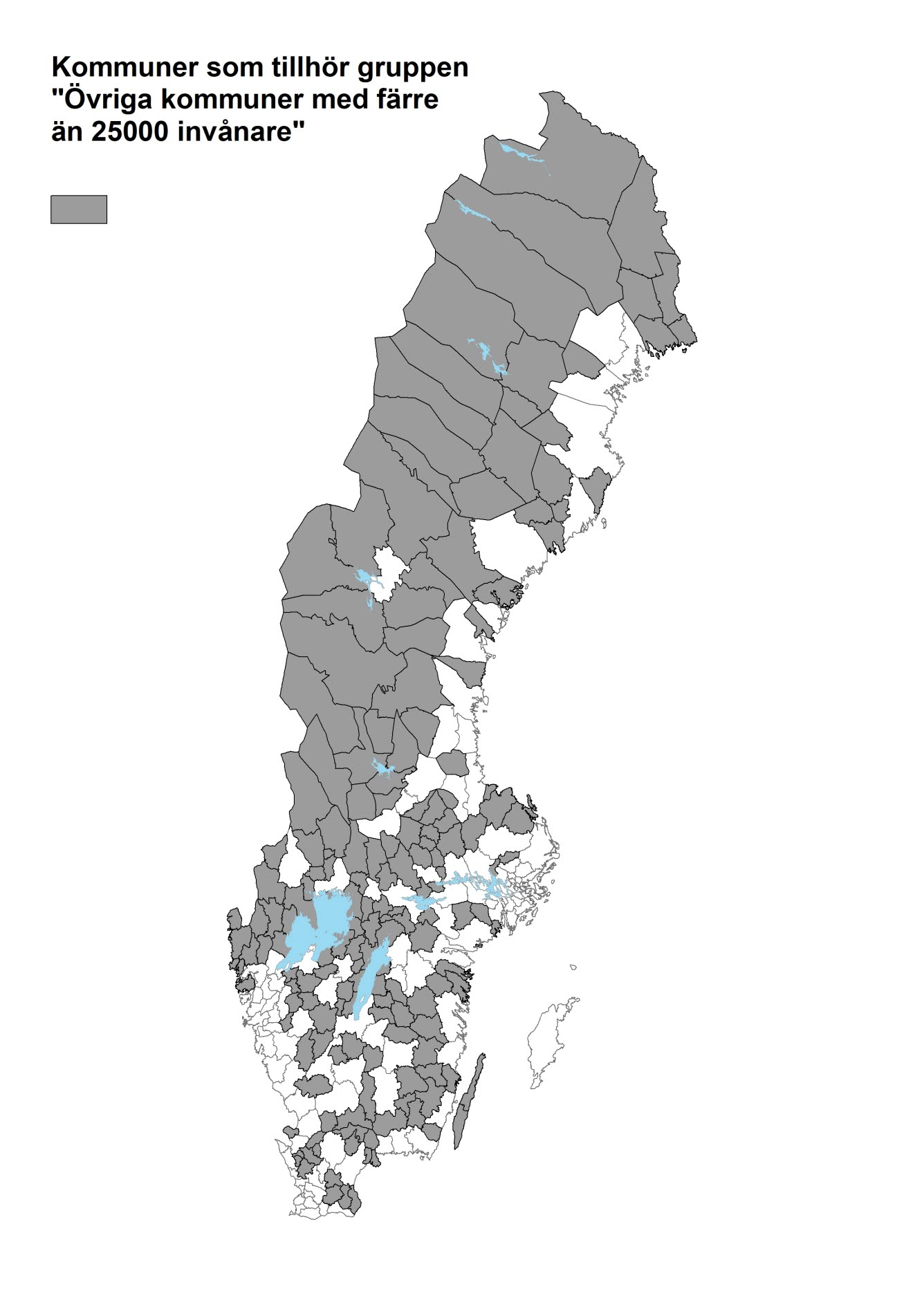 Karta över Sveriges kommuner som tillhör gruppen ”övriga kommuner med färre än 25 000 invånare”. Kommunerna i denna grupp består av 173 kommuner spridda över hela landet.