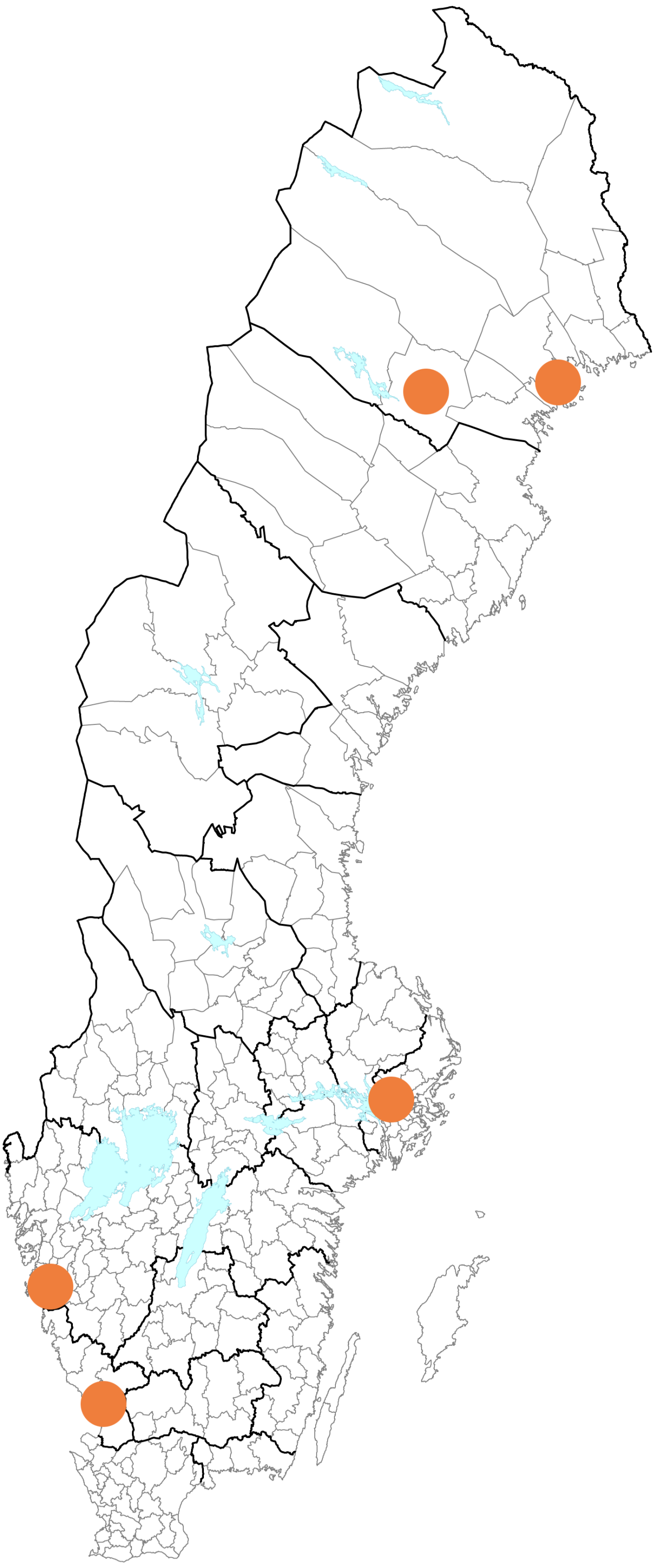 Sverigekarta som visar exempelstäderna.