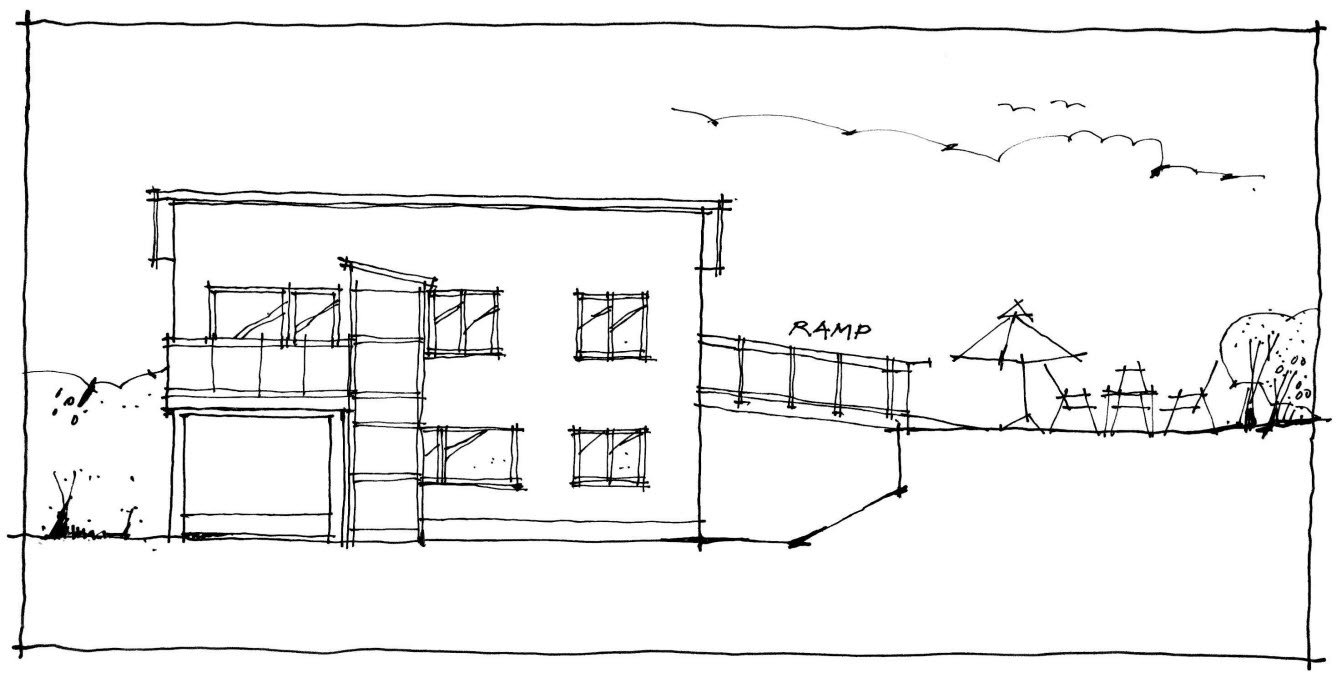 Illustration av en villa i två plan med en ramp från andra planet ut till en uteplats i samma nivå.